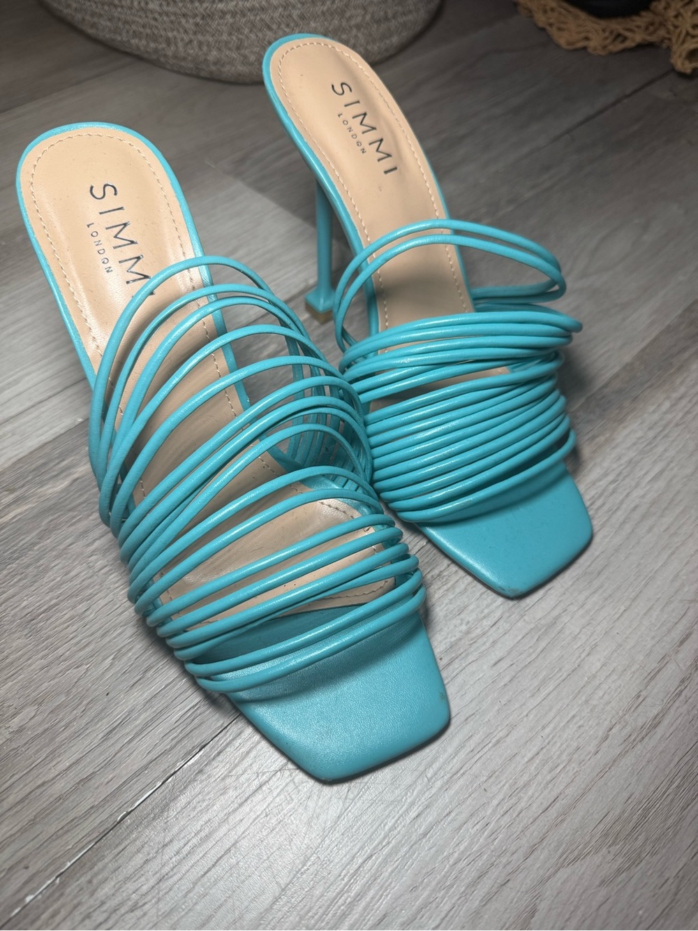 Turquoise Strappy Square-Toe Heels